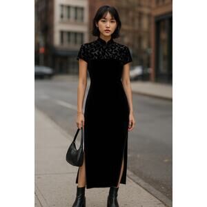 Vintage 90s Maxi Velvet Burnout Dress Silk Blend Double Slit Dark Whimsigoth